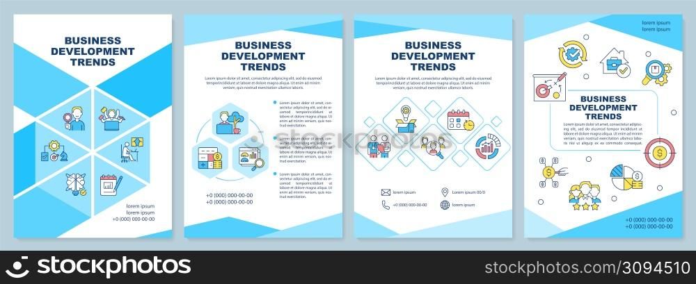 Business development trends blue brochure template. Corporate work. Leaflet design with linear icons. 4 vector layouts for presentation, annual reports. Arial-Black, Myriad Pro-Regular fonts used. Business development trends blue brochure template