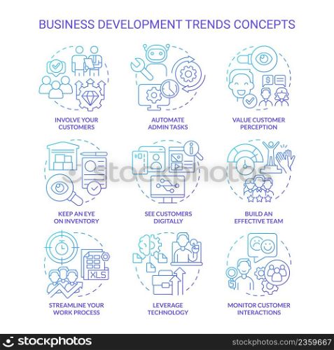 Business development trends blue gradient concept icons set. Innovations idea thin line color illustrations. Isolated symbols. Editable stroke. Roboto-Medium, Myriad Pro-Bold fonts used. Business development trends blue gradient concept icons set