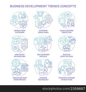 Business development trends blue gradient concept icons set. Innovations idea thin line color illustrations. Isolated symbols. Editable stroke. Roboto-Medium, Myriad Pro-Bold fonts used. Business development trends blue gradient concept icons set