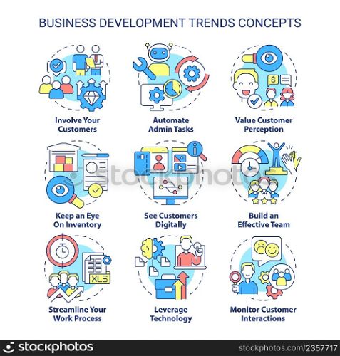 Business development trends concept icons set. Innovations and perspectives idea thin line color illustrations. Isolated symbols. Editable stroke. Roboto-Medium, Myriad Pro-Bold fonts used. Business development trends concept icons set