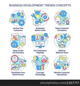 Business development trends concept icons set. Innovations and perspectives idea thin line color illustrations. Isolated symbols. Editable stroke. Roboto-Medium, Myriad Pro-Bold fonts used. Business development trends concept icons set