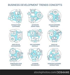 Business development trends turquoise concept icons set. Innovations and perspectives idea thin line color illustrations. Isolated symbols. Editable stroke. Roboto-Medium, Myriad Pro-Bold fonts used. Business development trends turquoise concept icons set