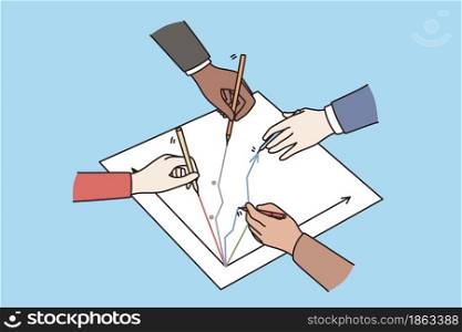 Business development, workshop and strategy concept. Hands of business people team charting drawing success arrows together vector illustration . Business development, workshop and strategy concept.