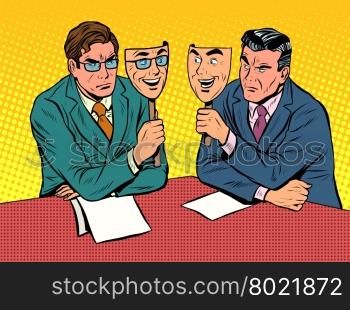 Business dialogue is disingenuous communication pop art retro style. Ostentatious joy. The hidden emotions. The face and the mask. joy and disgust. Business dialogue is disingenuous communication