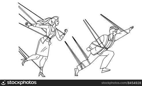 Business Difficulty Man And Woman Managers Vector. Businessman And Businesswoman With Tied Hands And Legs Feeling Business Difficulty In Occupation. Characters black line illustration. Business Difficulty Man And Woman Managers Vector