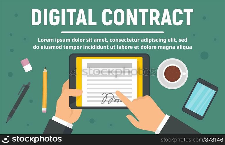 Business digital contract concept banner. Flat illustration of business digital contract vector concept banner for web design. Business digital contract concept banner, flat style