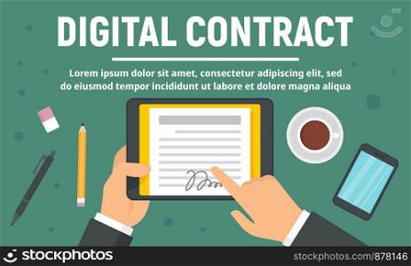 Business digital contract concept banner. Flat illustration of business digital contract vector concept banner for web design. Business digital contract concept banner, flat style
