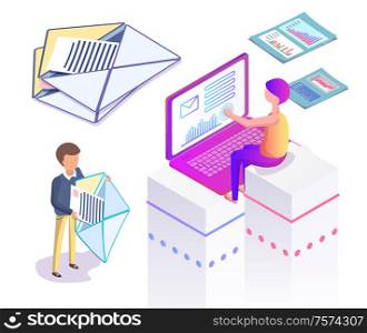 Business, digital marketing and internet messaging vector. Message in envelope and statistical graphics or charts, laptop and marketologists, letters. Digital Marketing and Internet Messaging, Business
