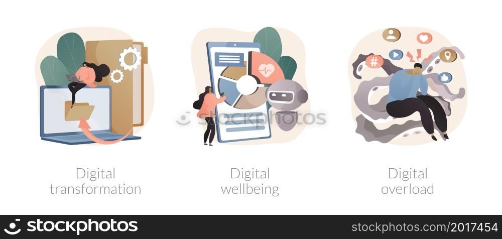 Business digitalization abstract concept vector illustration set. Digital transformation, office wellbeing, digital overload, paperless workflow, social media time tracking app abstract metaphor.. Business digitalization abstract concept vector illustrations.