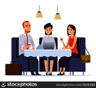 Business dinner. Meeting with work partner or client in restaurant executive cafe business lunch vector characters. Illustration of business meeting people lunch. Business dinner. Meeting with work partner or client in restaurant executive cafe business lunch vector characters
