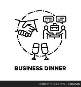 Business Dinner Vector Icon Concept. Partners Meeting In Restaurant And Conversation, Businesspeople Lunch And Deal Celebration, Enjoyment Eat And Drink. Contract Celebrate Black Illustration. Business Dinner Vector Concept Black Illustration