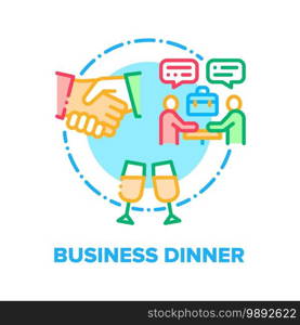 Business Dinner Vector Icon Concept. Partners Meeting In Restaurant And Conversation, Businesspeople Lunch And Deal Celebration, Enjoyment Eat And Drink. Contract Celebrate Color Illustration. Business Dinner Vector Concept Color Illustration