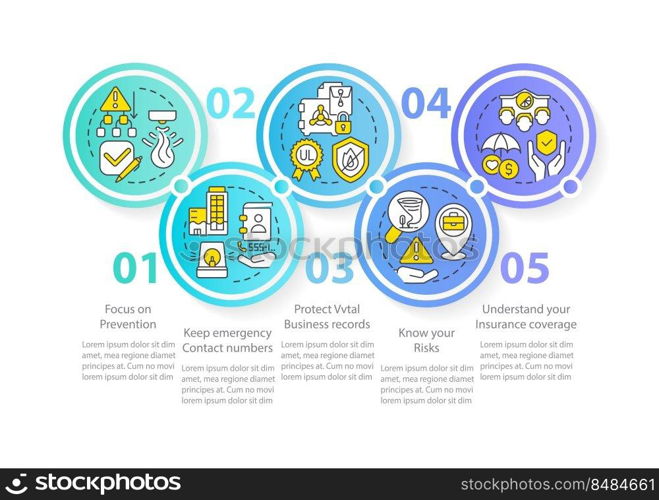 Business disaster planning circle infographic template. Data visualization with 5 steps. Editable timeline info chart. Workflow layout with line icons. Myriad Pro-Bold, Regular font used. Business disaster planning circle infographic template