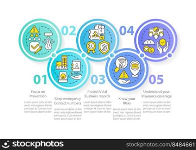Business disaster planning circle infographic template. Data visualization with 5 steps. Editable timeline info chart. Workflow layout with line icons. Myriad Pro-Bold, Regular font used. Business disaster planning circle infographic template