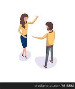 Business discussion of man and woman vector. People working in team work, thinking of strategy. Businessman and businesswoman talking isometric 3d. People on Meeting, Man Woman Discussing Business