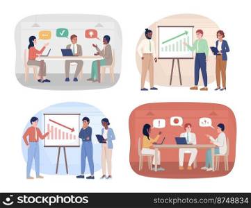 Business discussions 2D vector isolated illustrations set. Corporate strategy flat characters on cartoon background. Colorful editable scenes pack for mobile, website, presentation. Business discussions 2D vector isolated illustrations set
