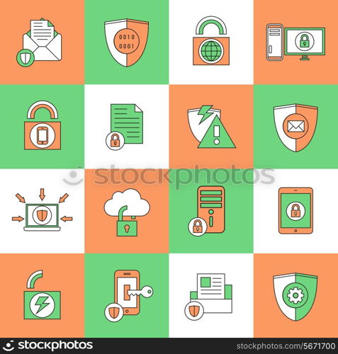 Business document and files protection technology and online network security icons set line flat vector illustration