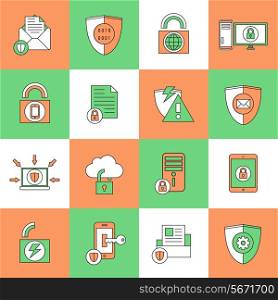 Business document and files protection technology and online network security icons set line flat vector illustration
