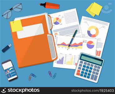 Business document concept. documents folder, financial report with graphs, calculator and pen. vector illustration in flat style. Business document concept