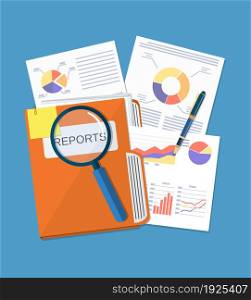 Business document concept. documents folder, financial report with graphs, magnifying glass and pen. vector illustration in flat style. Business document concept