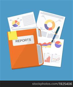 Business document concept. documents folder, financial report with graphs, pen. vector illustration in flat style. Business document concept
