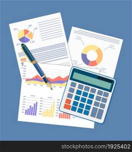 Business document concept. picture of financial report with graphs, calculator and pen. vector illustration in flat style. Business document concept