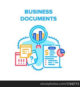 Business Documents And Chart Vector Icon Concept. Business Documents, Agreement And Contract, Researching And Analyzing Infographic, Financial Report And Accounting Color Illustration. Business Documents And Chart Vector Concept Color