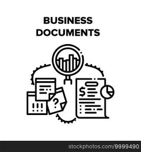 Business Documents And Chart Vector Icon Concept. Business Documents, Agreement And Contract, Researching And Analyzing Infographic, Financial Report And Accounting Black Illustration. Business Documents And Chart Vector Black Illustrations