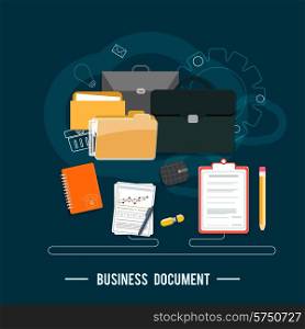 Business documents concept. Poster concept with icons of business documents via management and organization ideas symbol and workplace elements in flat design