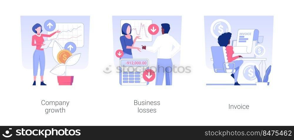 Business documents isolated concept vector illustration set. Company growth, business losses, fills out the invoice, professional accountant services, corporate paperwork vector cartoon.. Business documents isolated concept vector illustrations.
