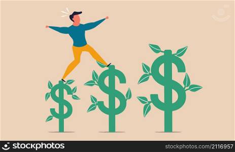 Business dollar bonus to people budget. A man walks on a dollar sprout vector illustration concept. Success job leader and wages growth income. Investment money entrepreneur and market profit cash