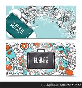 Business doodle horizontal banner set with planning and analysis hand drawn elements isolated vector illustration. Business Doodle Banner Set