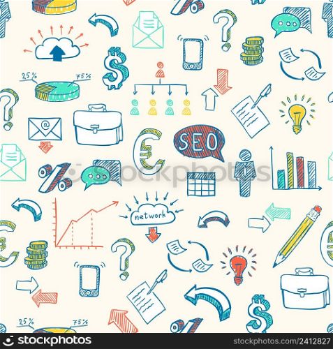 Business doodle seamless background with charts mobile phone documents vector illustration