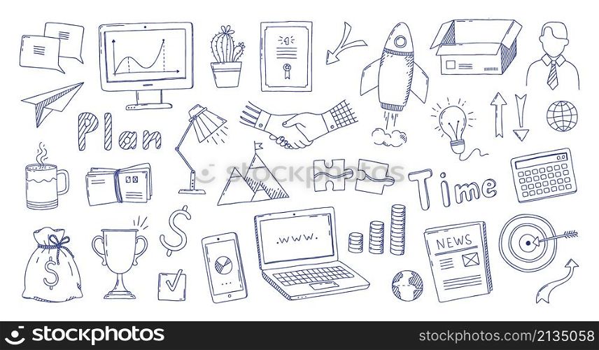 Business doodle sketch. Hand drawn marketing technology and creative infographic elements, company startup and digital innovation symbols. Vector set creative image office element. Business doodle sketch. Hand drawn marketing technology and creative infographic elements, company startup and digital innovation symbols. Vector set