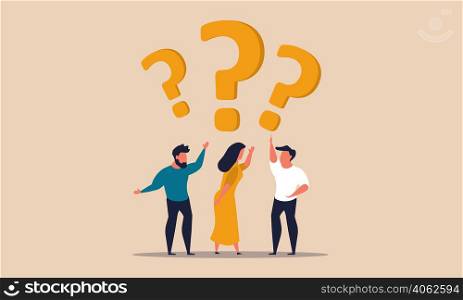 Business doubt and think for question job. Woman suspicion and advice work for asking answer vector illustration concept. Pursuit idea mark and uncertainty determination. Doubtful information people