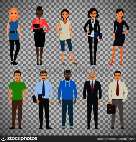 Business dressed and casual dressed people standing isolated on transparent background. Vector illustration. Business dressed and casual dressed people