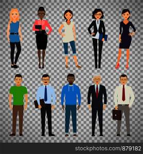 Business dressed and casual dressed people standing isolated on transparent background. Vector illustration. Business dressed and casual dressed people