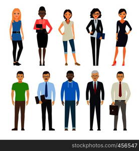 Business dressed and casual dressed people standing on white background. Vector illustration. Business and casual dressed people