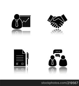 Business drop shadow black icons set. Presentation with graph, handshake symbol, signed contract with pen, business talk. Isolated vector illustrations. Business drop shadow black icons set