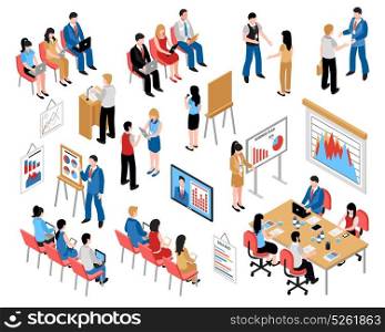 Business Education And Coaching Isometric Icons Set. Business education and coaching isometric icons set with coming to training and business seminar vector illustration