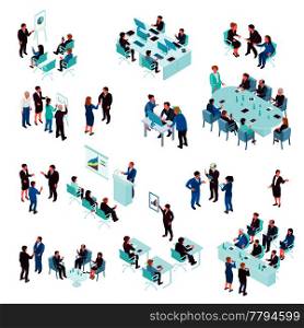 Business education isometric set with coaches training people individually and in groups isolated vector illustration. Business Education Isometric Set