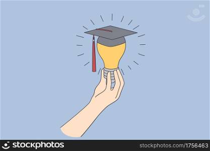 Business education, learning, new ideas concept. Human hand holding light bulb wearing graduate bonnet meaning educational success and creative innovations vector illustration . Business education, learning, new ideas concept