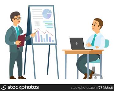 Business education, man teaching person, webinar or seminar. Businessman sitting at table with laptop, teacher and listener indoor, company success vector. Training or Conference, Business Education Vector
