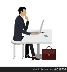 Business Education. Man Works at Computer Laptop.. Business ducation. Businessman working at the computer laptop. Man sitting at the desk and working. Business education infographic. Professional growth, constant learning concept. Vector illustration