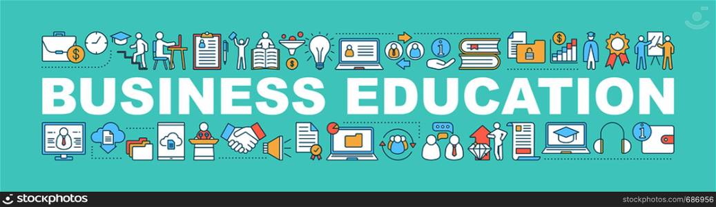 Business education word concepts banner. Leadership coaching. Professional growth. Isolated lettering typography idea with linear icons. Business development. Improvement. Vector outline illustration. Business education word concepts banner