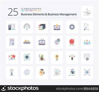 Business Elements And Business Managment 25 Flat Color icon pack including idea. laptop. network. matrix. cube