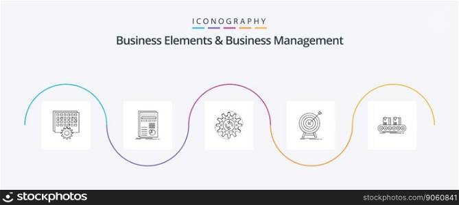 Business Elements And Business Managment Line 5 Icon Pack Including market. goal. report. work. production