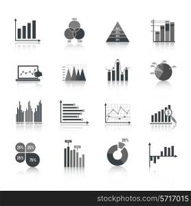 Business elements dot bar pie charts diagrams and graphs black icons set isolated vector illustration