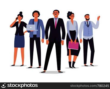 Business employees team. Teamwork leadership, success executive employee and office people group. Partnership working, corporate teamwork colleagues character vector illustration. Business employees team. Teamwork leadership, success executive employee and office people group vector illustration