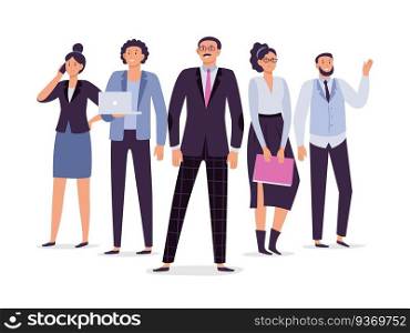 Business employees team. Teamwork leadership, success executive employee and office people group. Partnership working, corporate teamwork colleagues character vector illustration. Business employees team. Teamwork leadership, success executive employee and office people group vector illustration